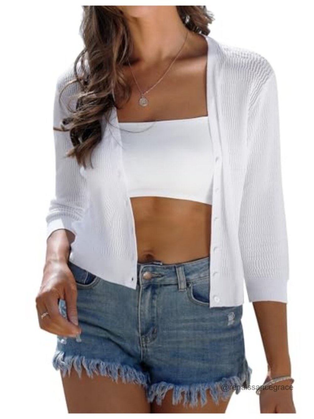 Lightweight Crochet Knit Cardigan 3/4 Sleeve V-Neck Button Down Shrug